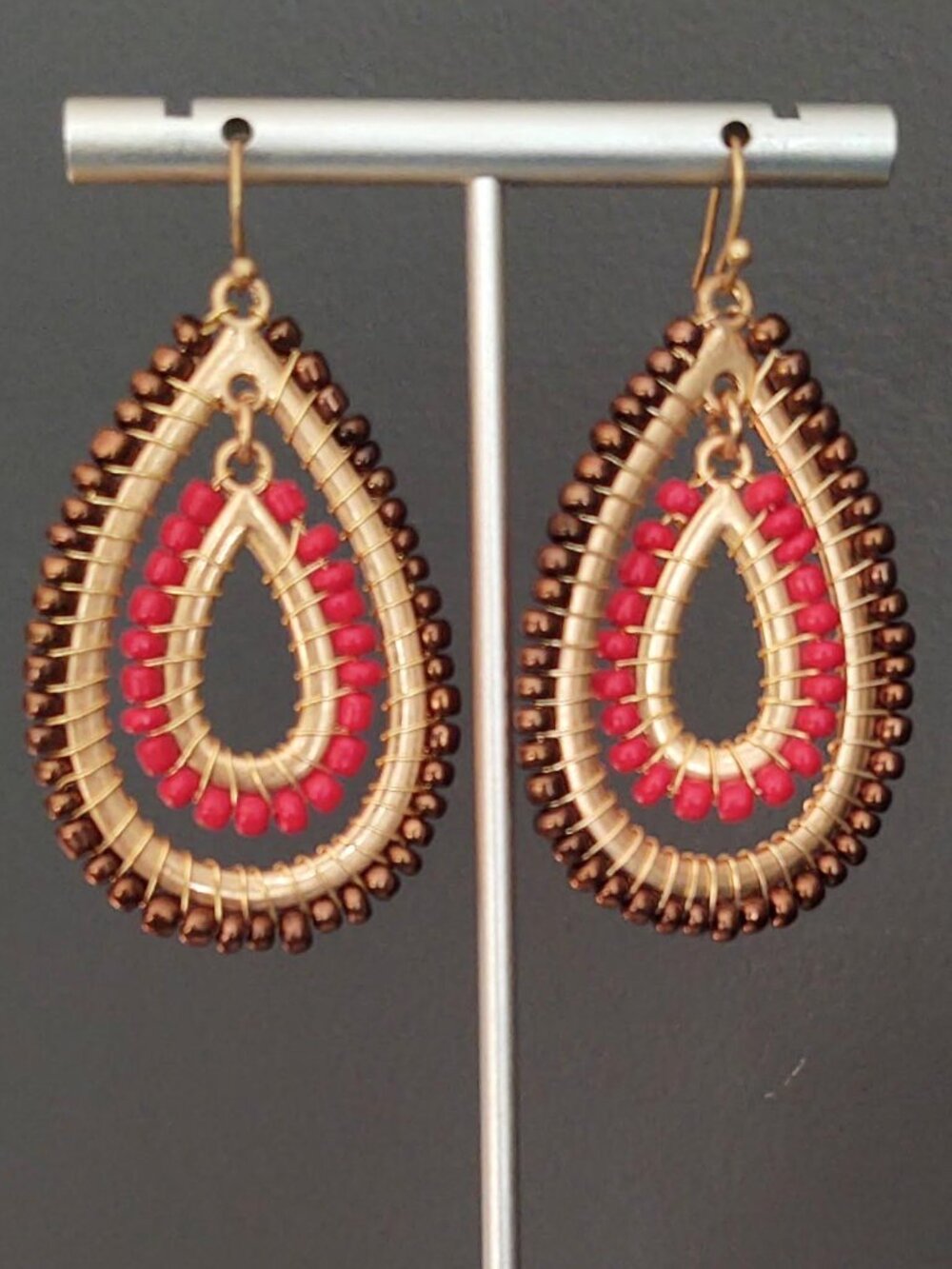 Gold, red and bronzy brown beaded earrings